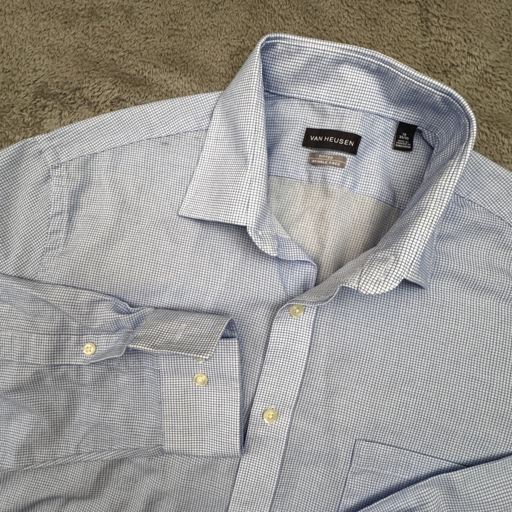 Van Heusen Men's Long Sleeve Shirt Size‎ 16 Fitted Blue / White Check Textured